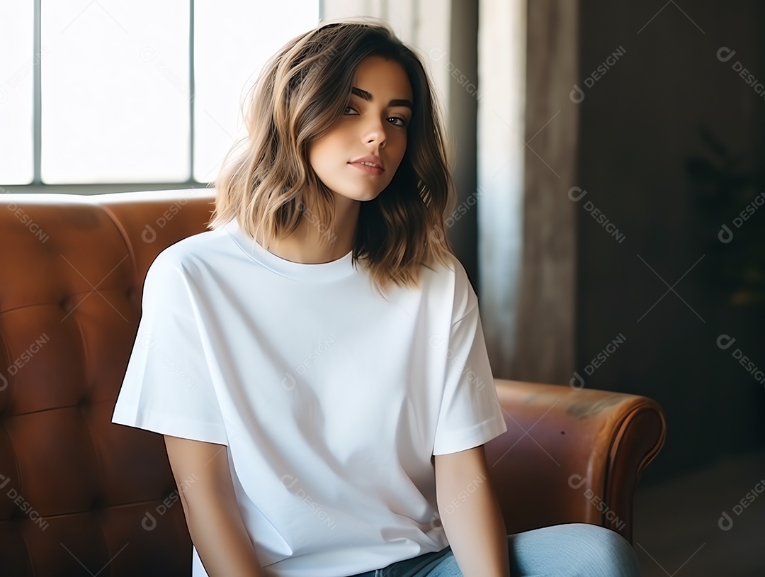 Mulher jovem e atraente vestindo maquete de camiseta branca vazia em branco para modelo de design