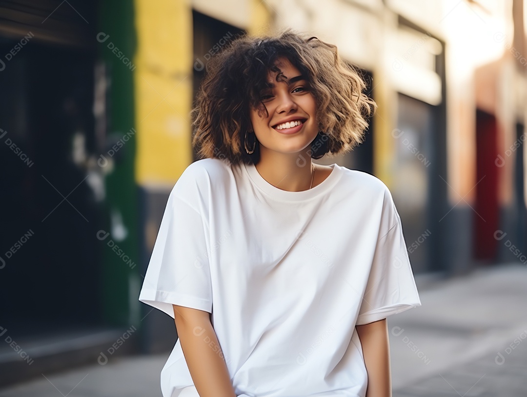 Mulher jovem e atraente vestindo maquete de camiseta branca vazia em branco para modelo de design