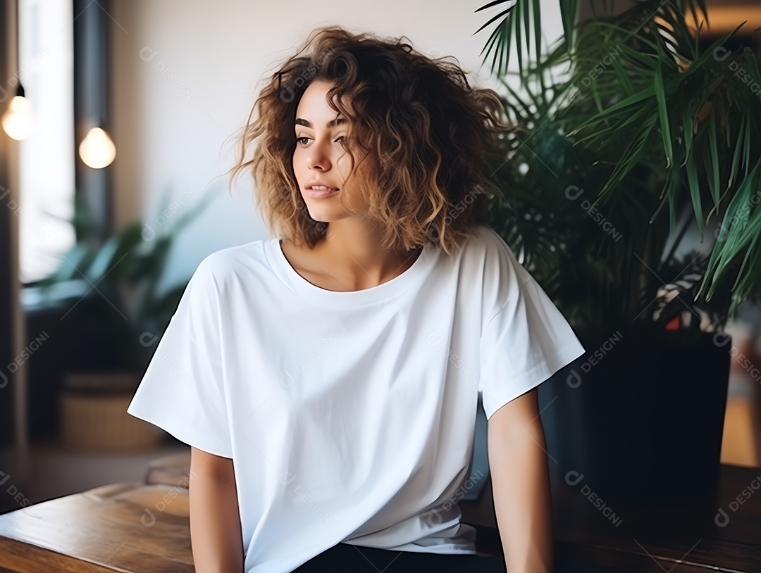 Mulher jovem e atraente vestindo maquete de camiseta branca vazia em branco para modelo de design