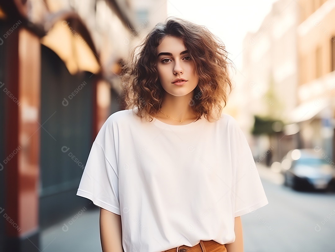 Mulher jovem e atraente vestindo maquete de camiseta branca vazia em branco para modelo de design