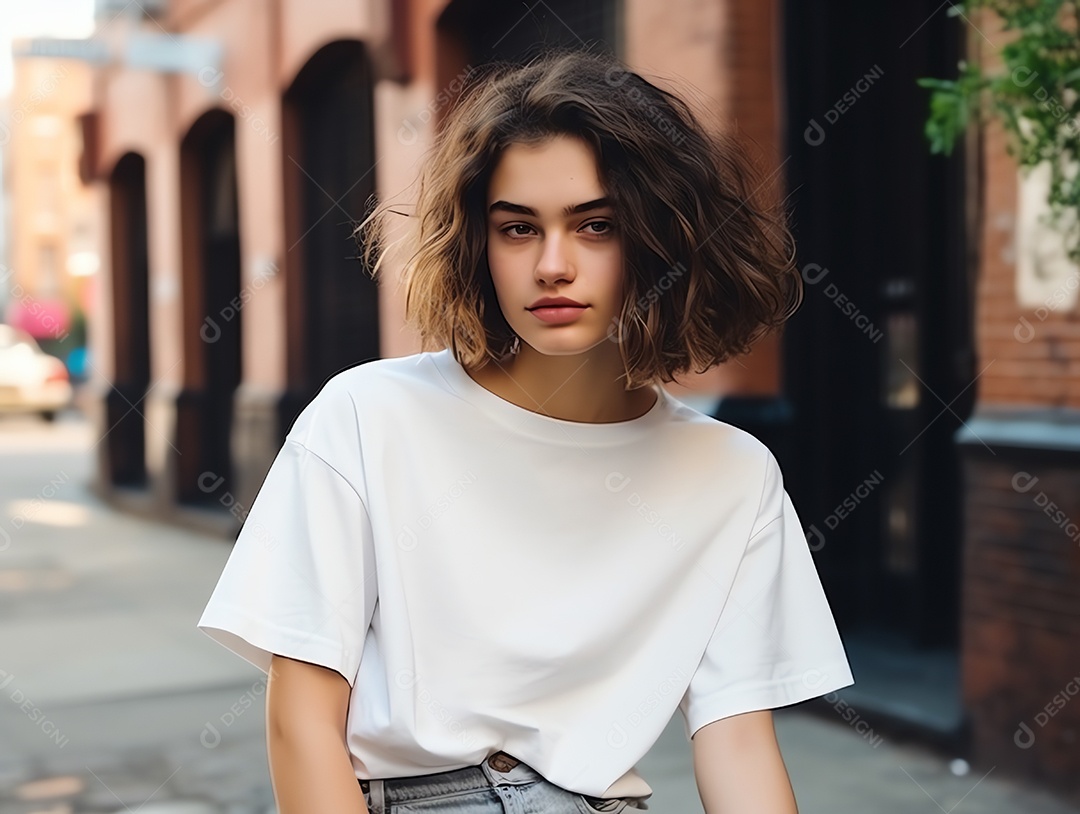Mulher jovem e atraente vestindo maquete de camiseta branca vazia em branco para modelo de design