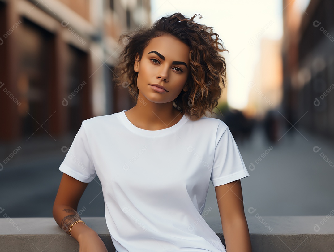 Mulher jovem e atraente vestindo maquete de camiseta branca vazia em branco para modelo de design