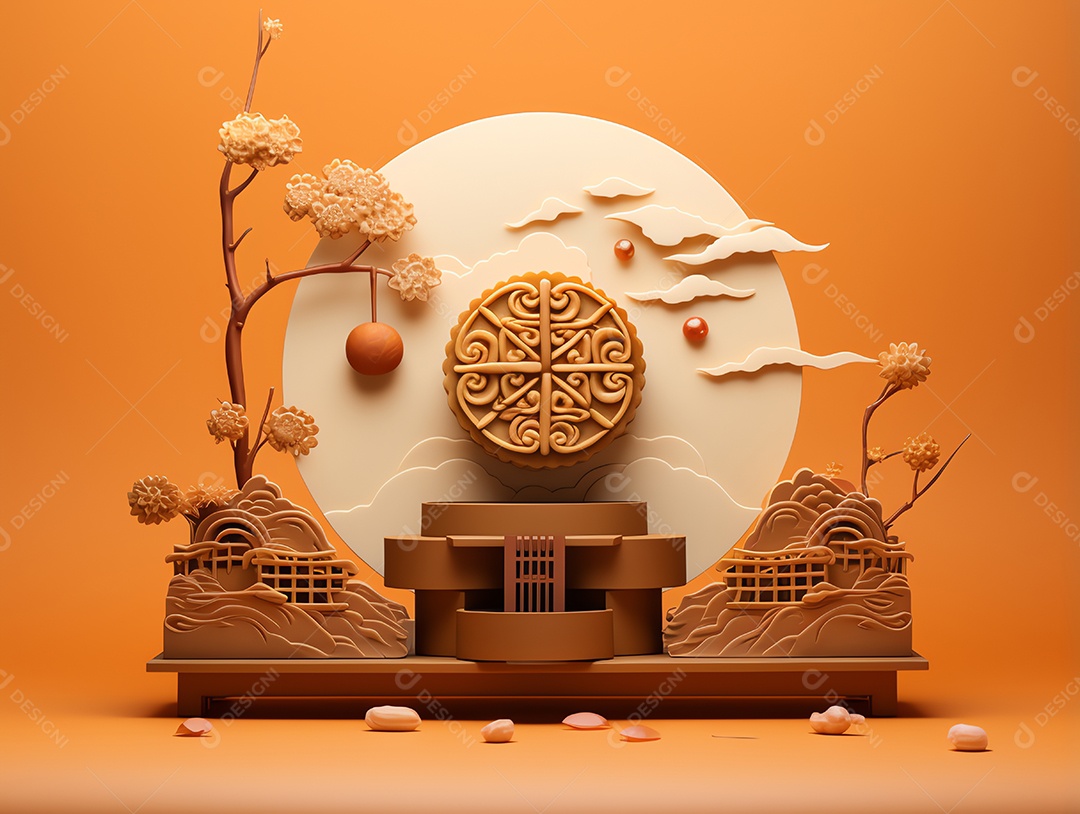 Feliz festival do meio do outono, bolo lunar asiático tradicional comemora