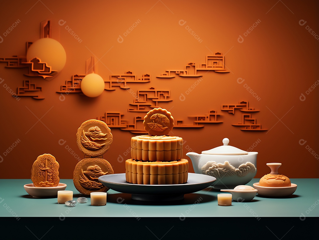 Feliz festival do meio do outono, celebração do mooncake asiático