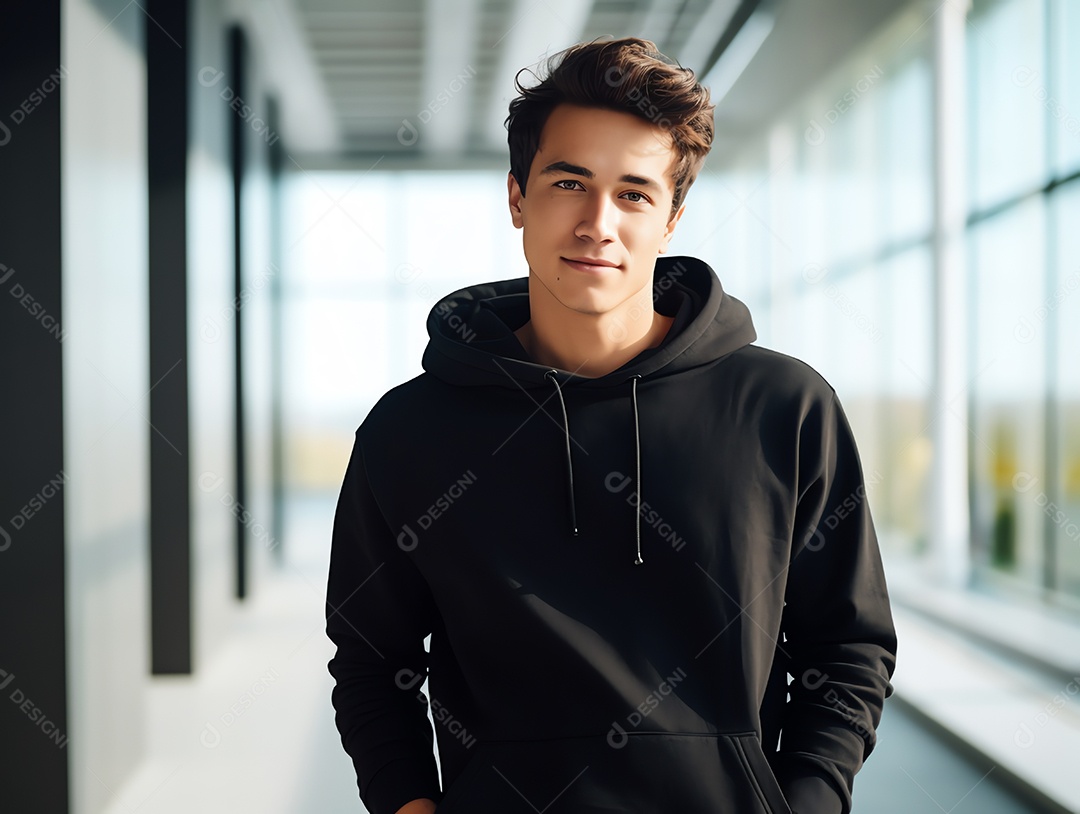 Jovem vestindo maquete de mangas compridas com capuz preto vazio em branco para modelo de design