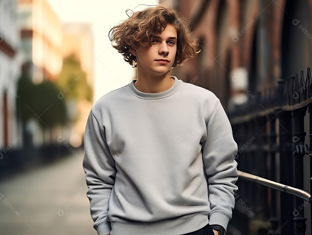 Jovem vestindo camiseta cinza vazia em branco, maquete de suéter de mangas compridas para modelo de design