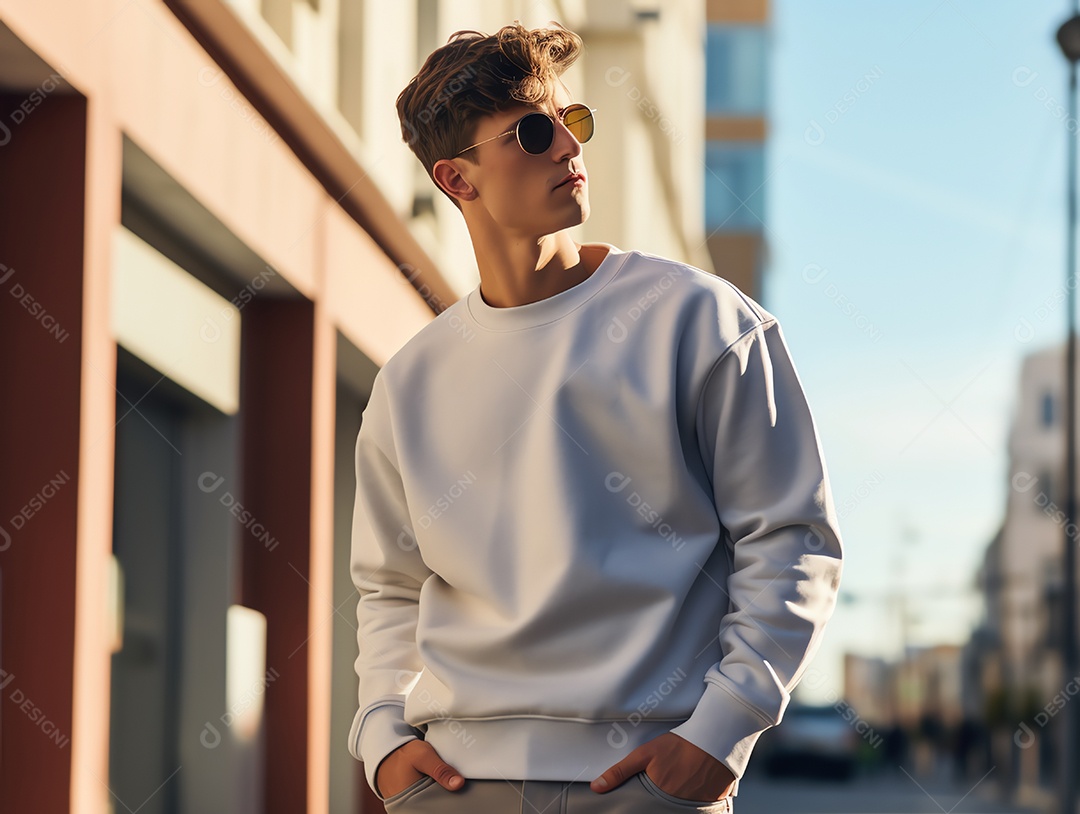 Jovem vestindo camiseta cinza vazia em branco, maquete de suéter de mangas compridas para modelo de design