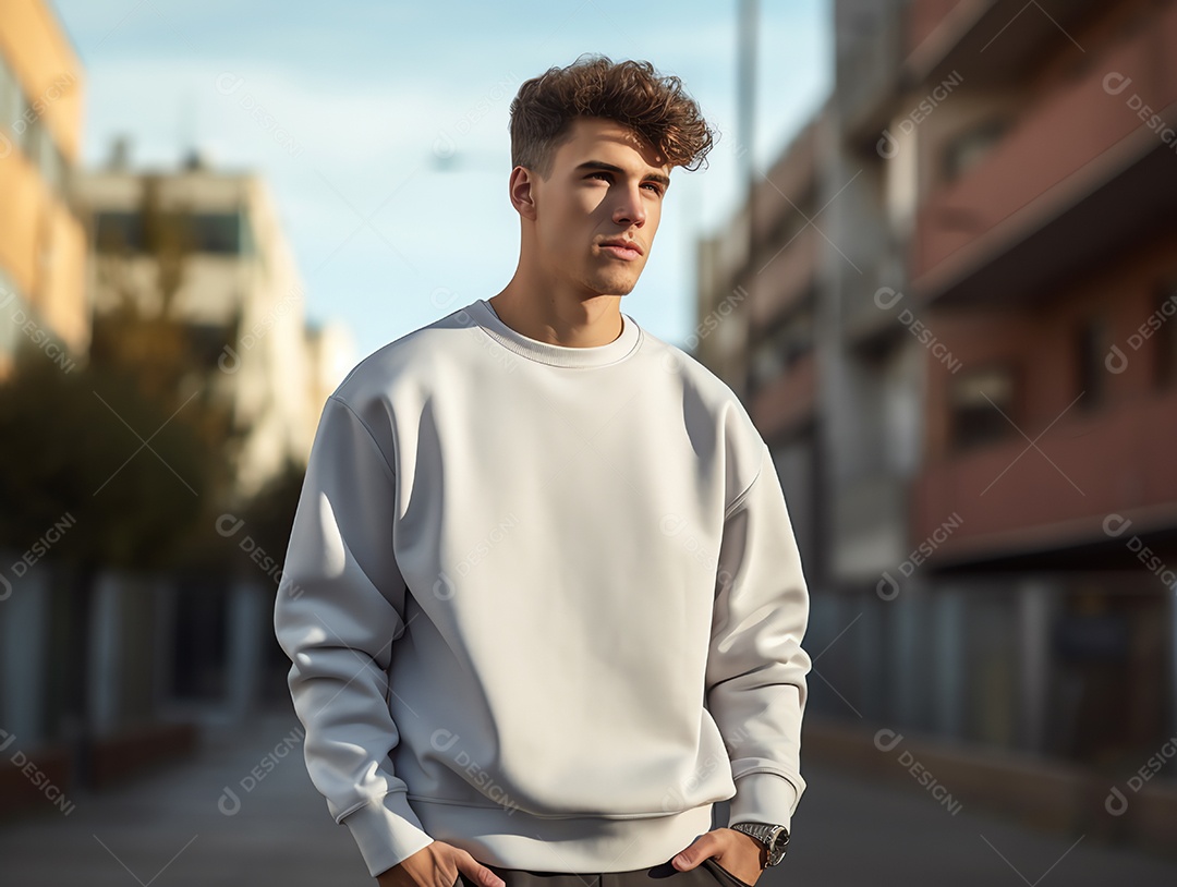 Jovem vestindo camiseta branca vazia em branco, maquete de suéter de mangas compridas para modelo de design