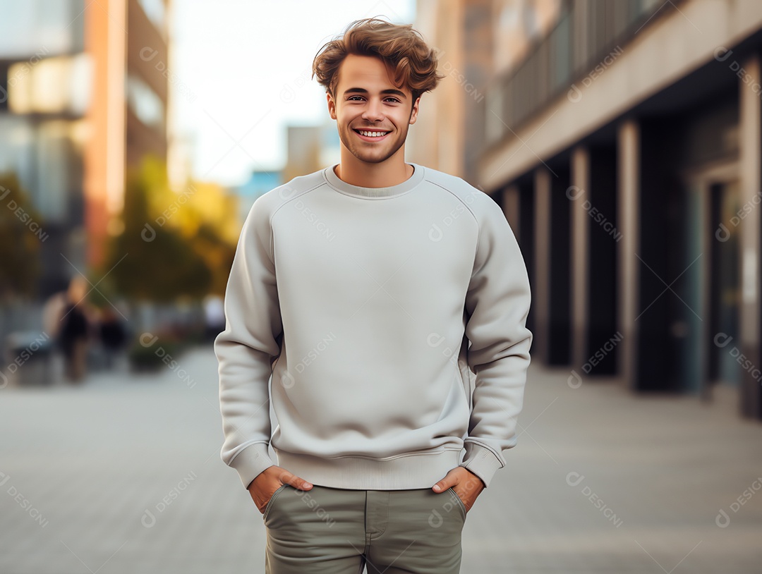 Jovem vestindo camiseta cinza vazia em branco, maquete de suéter de mangas compridas para modelo de design
