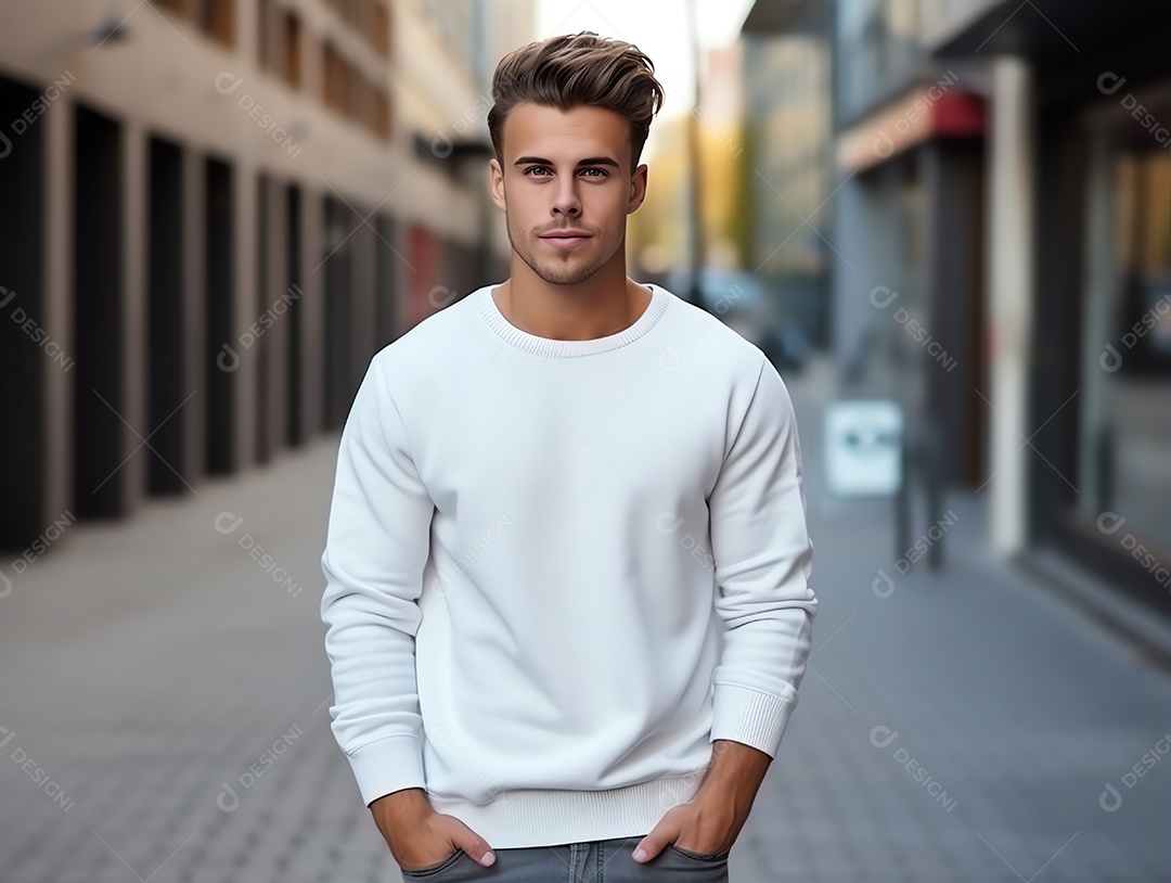 Jovem vestindo camiseta branca vazia em branco, maquete de suéter de mangas compridas para modelo de design