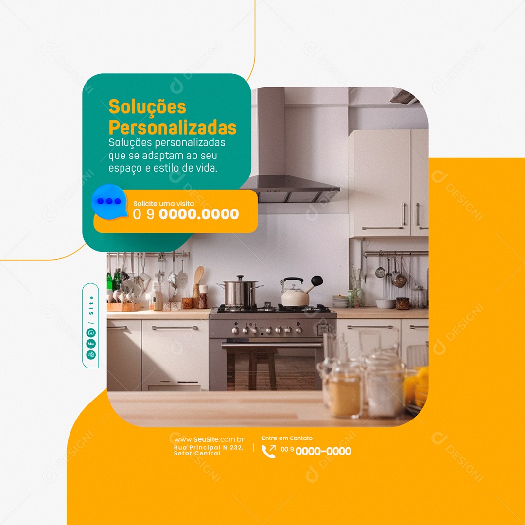 Cozinha Planejada Soluções Personalizadas Solicite uma Visita Social Media PSD Editável