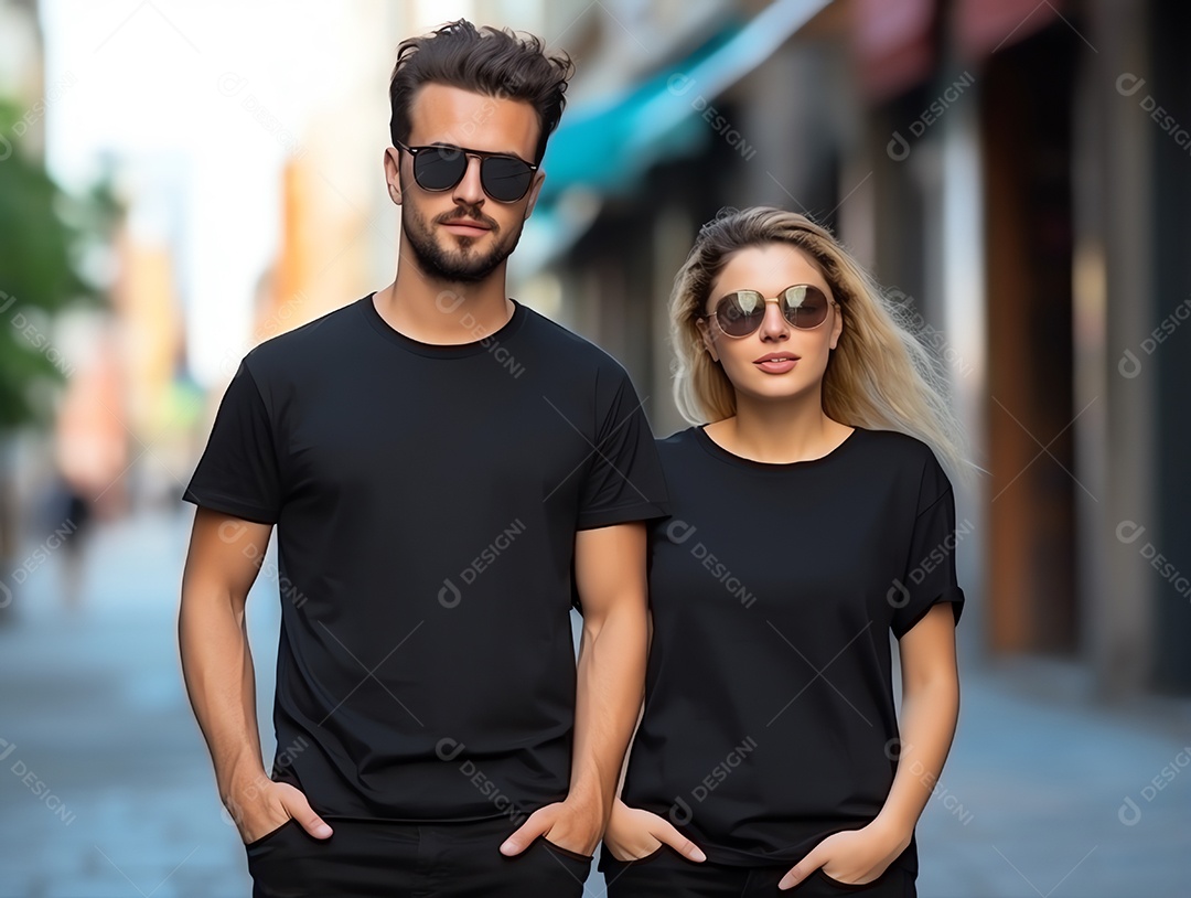 Um casal de namorado e namorada vestindo maquete de camisetas pretas em branco para modelo de design