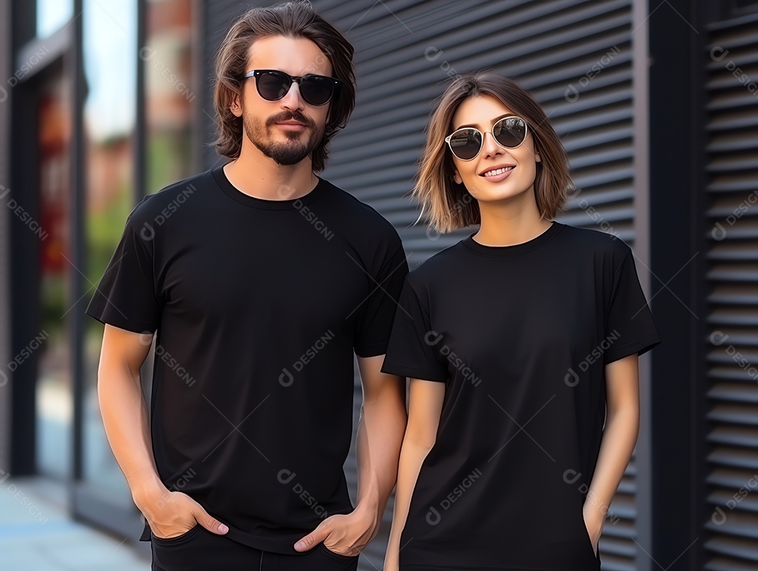 Um casal de namorado e namorada vestindo maquete de camisetas pretas em branco para modelo de design