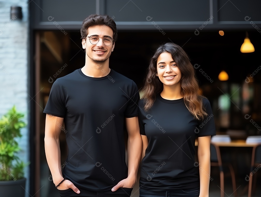 Um casal de namorado e namorada vestindo maquete de camisetas pretas em branco para modelo de design