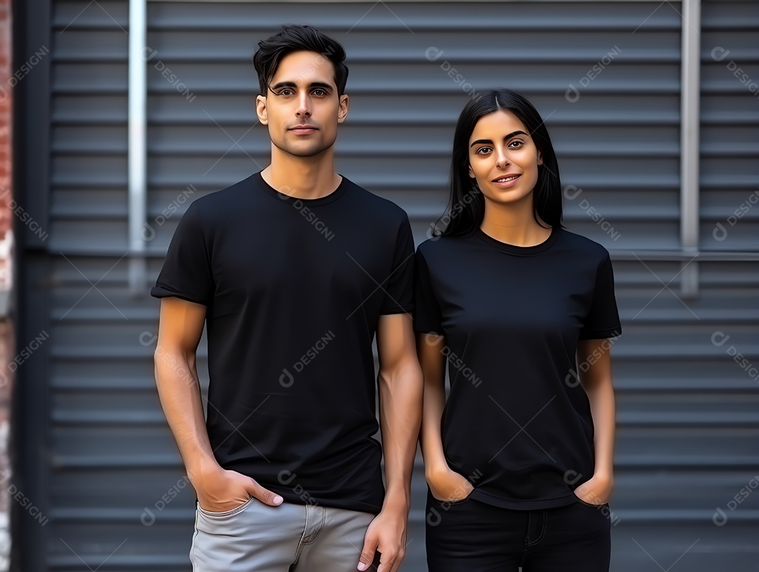 Um casal de namorado e namorada vestindo maquete de camisetas pretas em branco para modelo de design