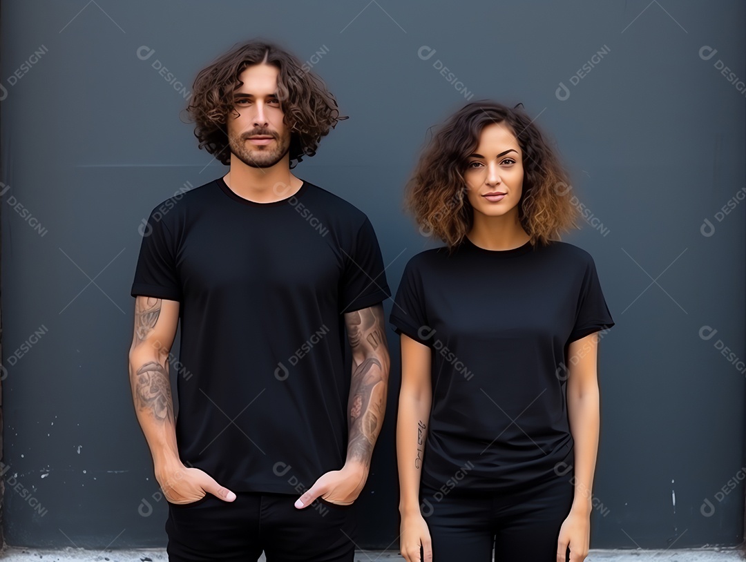 Um casal de namorado e namorada vestindo maquete de camisetas pretas em branco para modelo de design