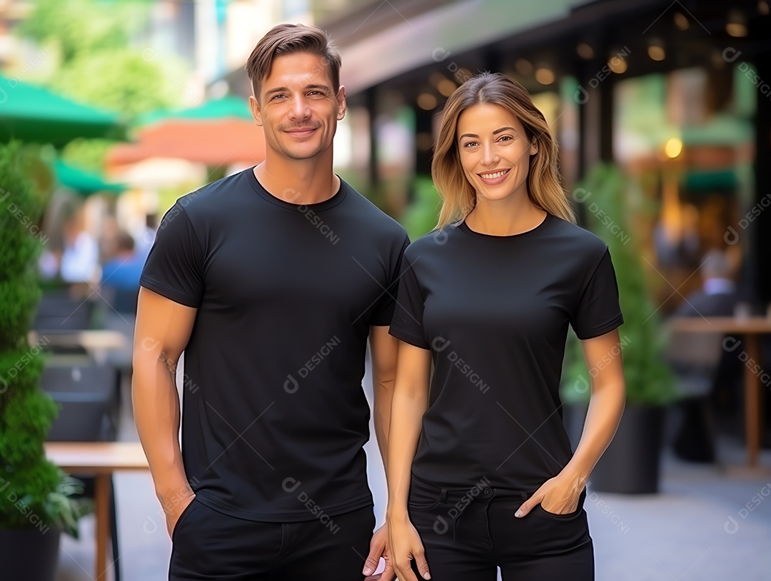 Um casal de namorado e namorada vestindo maquete de camisetas pretas em branco para modelo de design