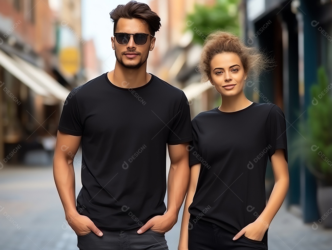 Um casal de namorado e namorada vestindo maquete de camisetas pretas em branco para modelo de design