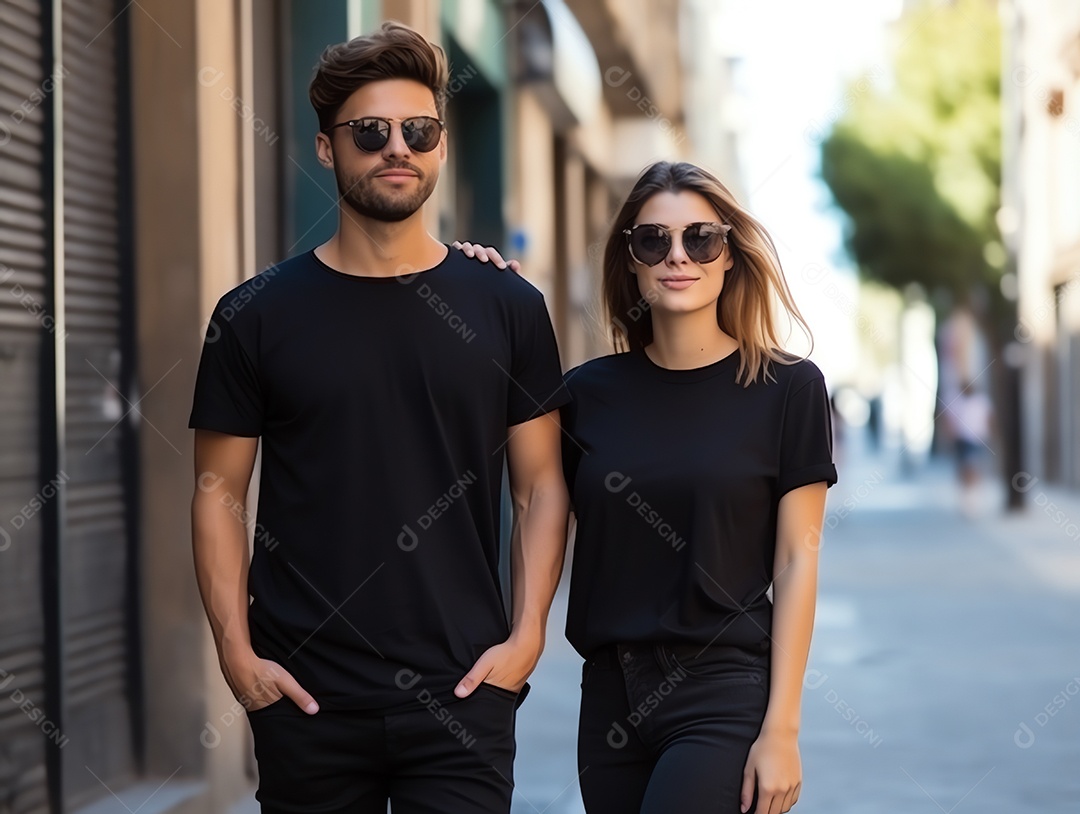 Um casal de namorado e namorada vestindo maquete de camisetas pretas em branco para modelo de design