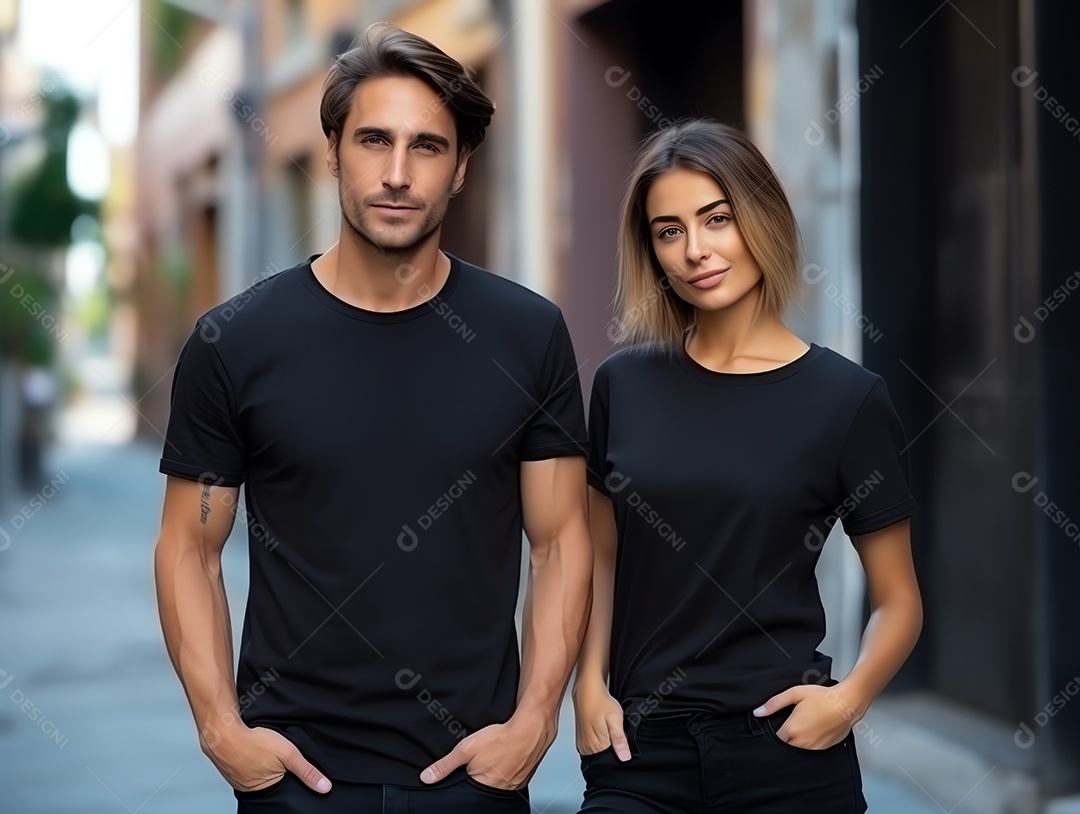 Um casal de namorado e namorada vestindo maquete de camisetas pretas em branco para modelo de design