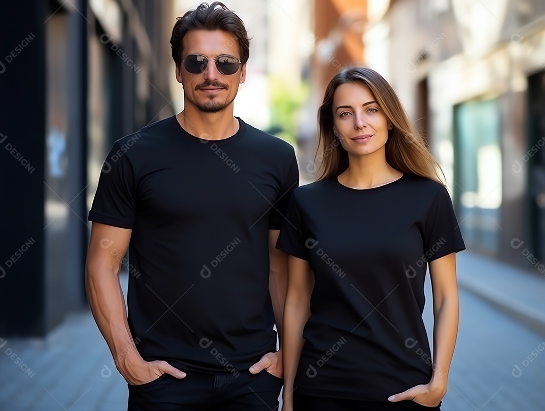 Um casal de namorado e namorada vestindo maquete de camisetas pretas em branco para modelo de design