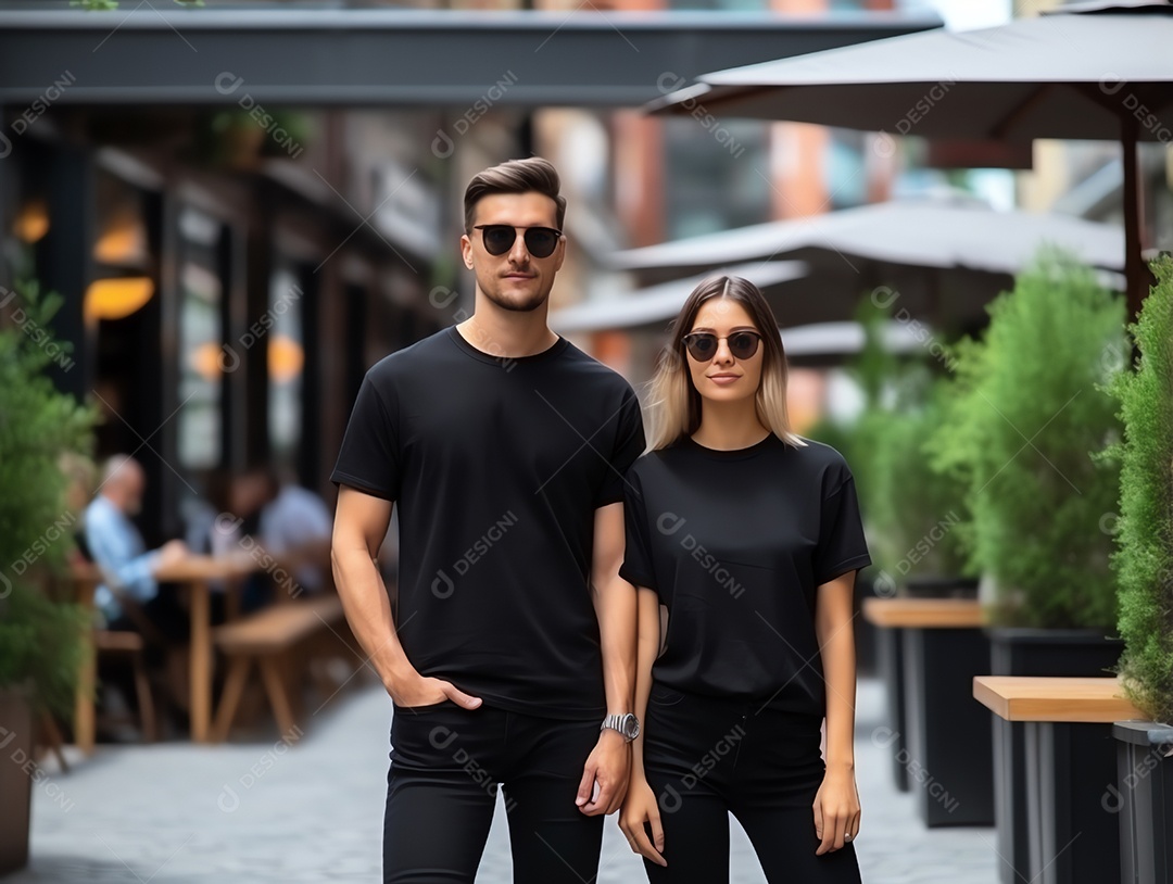 Um casal de namorado e namorada vestindo maquete de camisetas pretas em branco para modelo de design