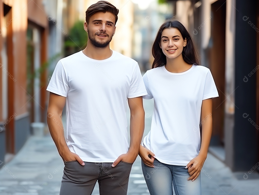 Um casal de namorado e namorada vestindo maquete de camisetas brancas em branco para modelo de design