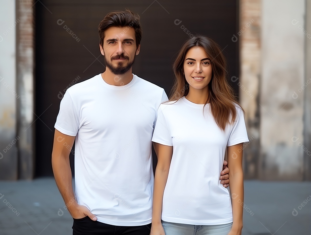 Um casal de namorado e namorada vestindo maquete de camisetas brancas em branco para modelo de design