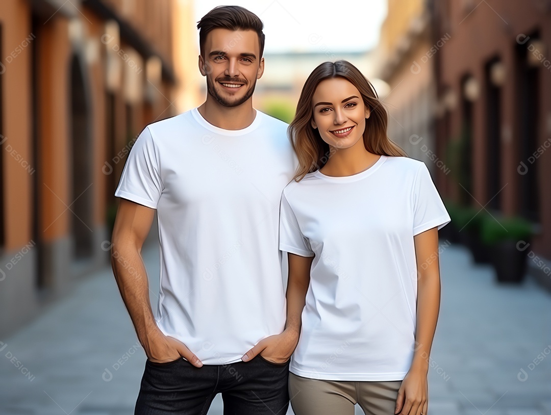 Um casal de namorado e namorada vestindo maquete de camisetas brancas em branco para modelo de design