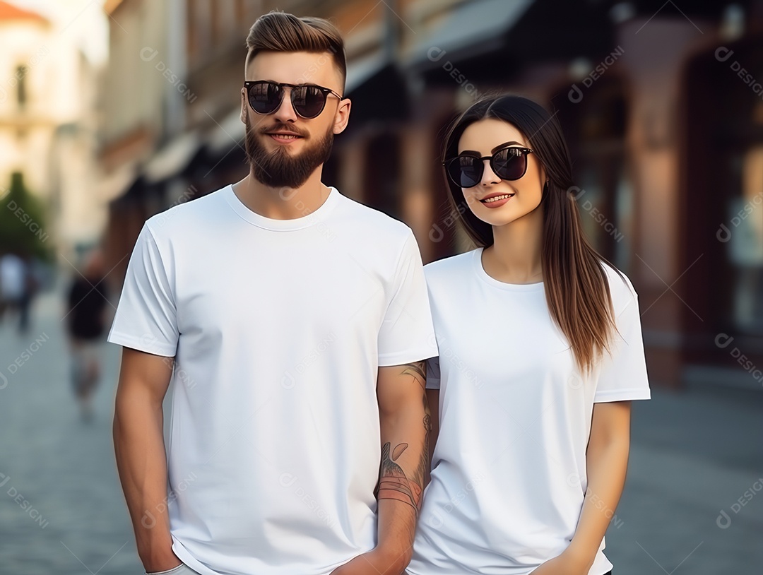 Um casal de namorado e namorada vestindo maquete de camisetas brancas em branco para modelo de design