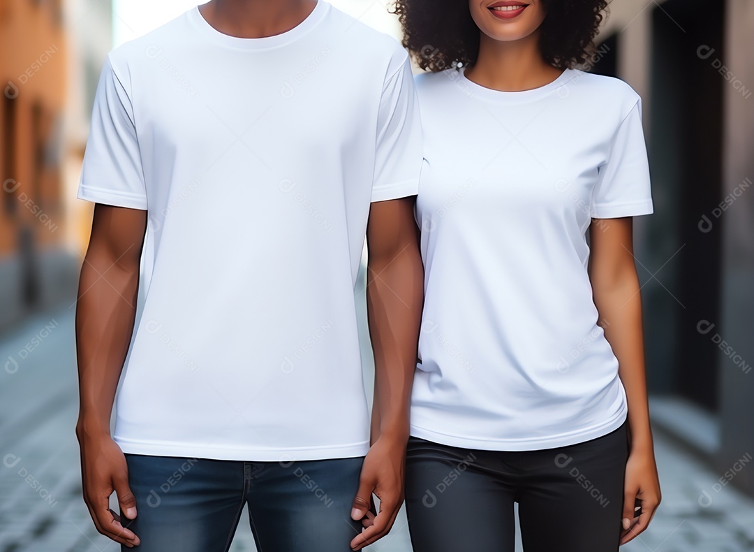 Um casal de namorado e namorada vestindo maquete de camisetas brancas em branco para modelo de design