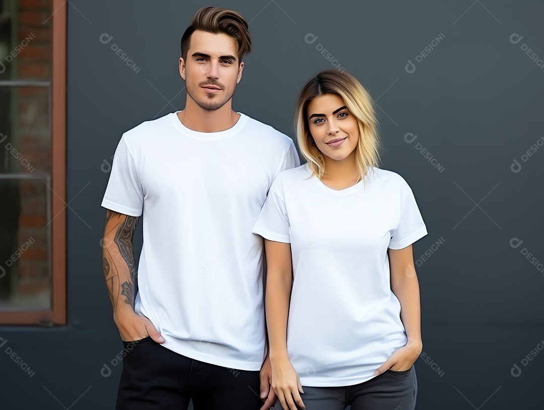 Um casal de namorado e namorada vestindo maquete de camisetas brancas em branco para modelo de design