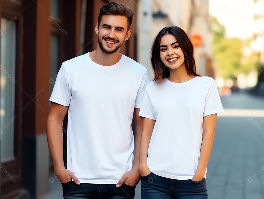 Um casal de namorado e namorada vestindo maquete de camisetas brancas em branco para modelo de design