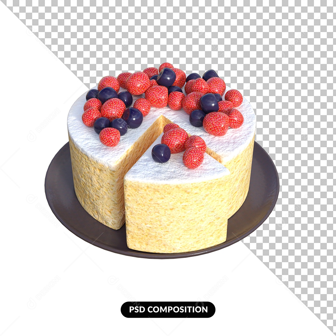 Bolo de Aniversário com Frutas Elemento 3D para Composição PSD