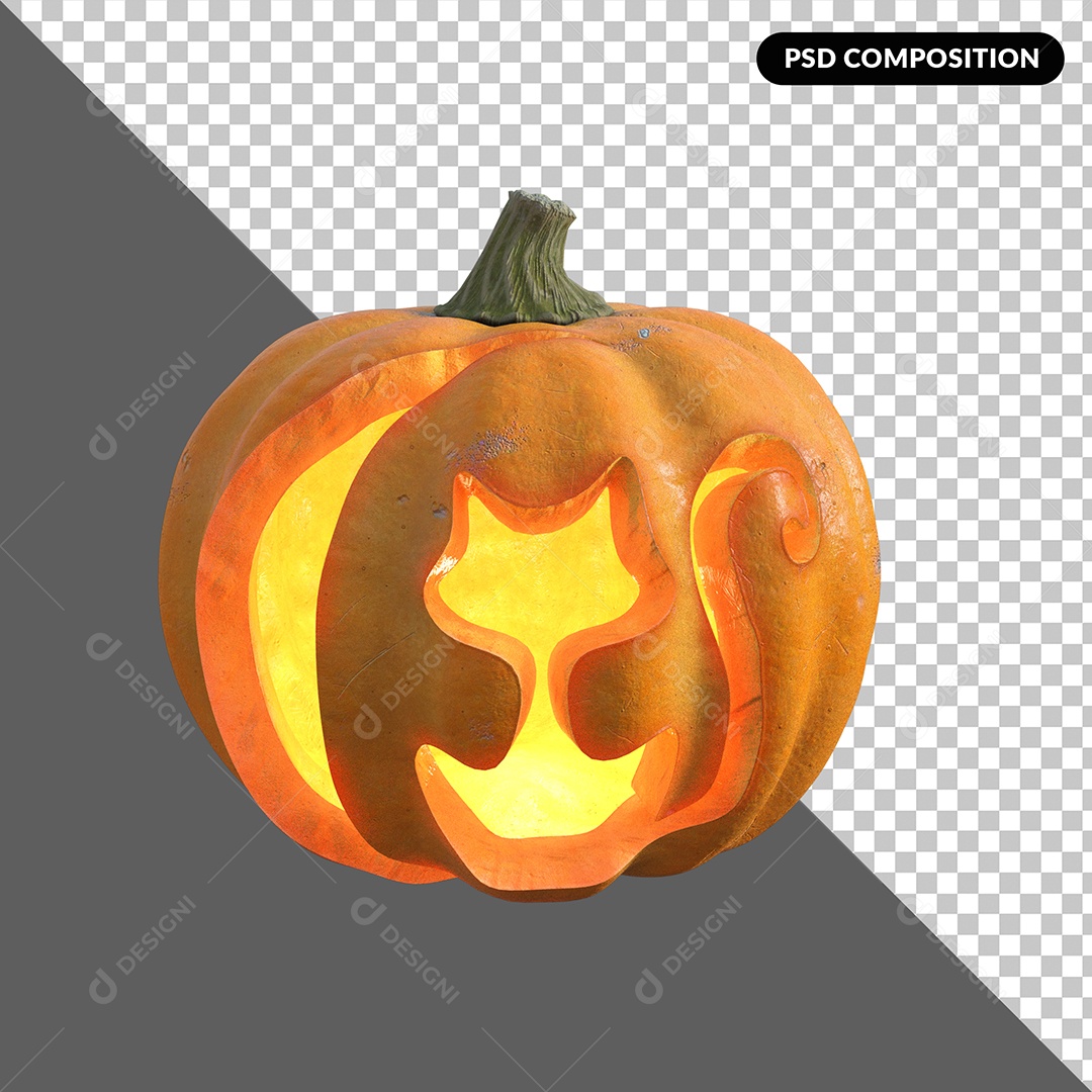Abóbora com Desenho de Gato Elemento 3D para Composição PSD