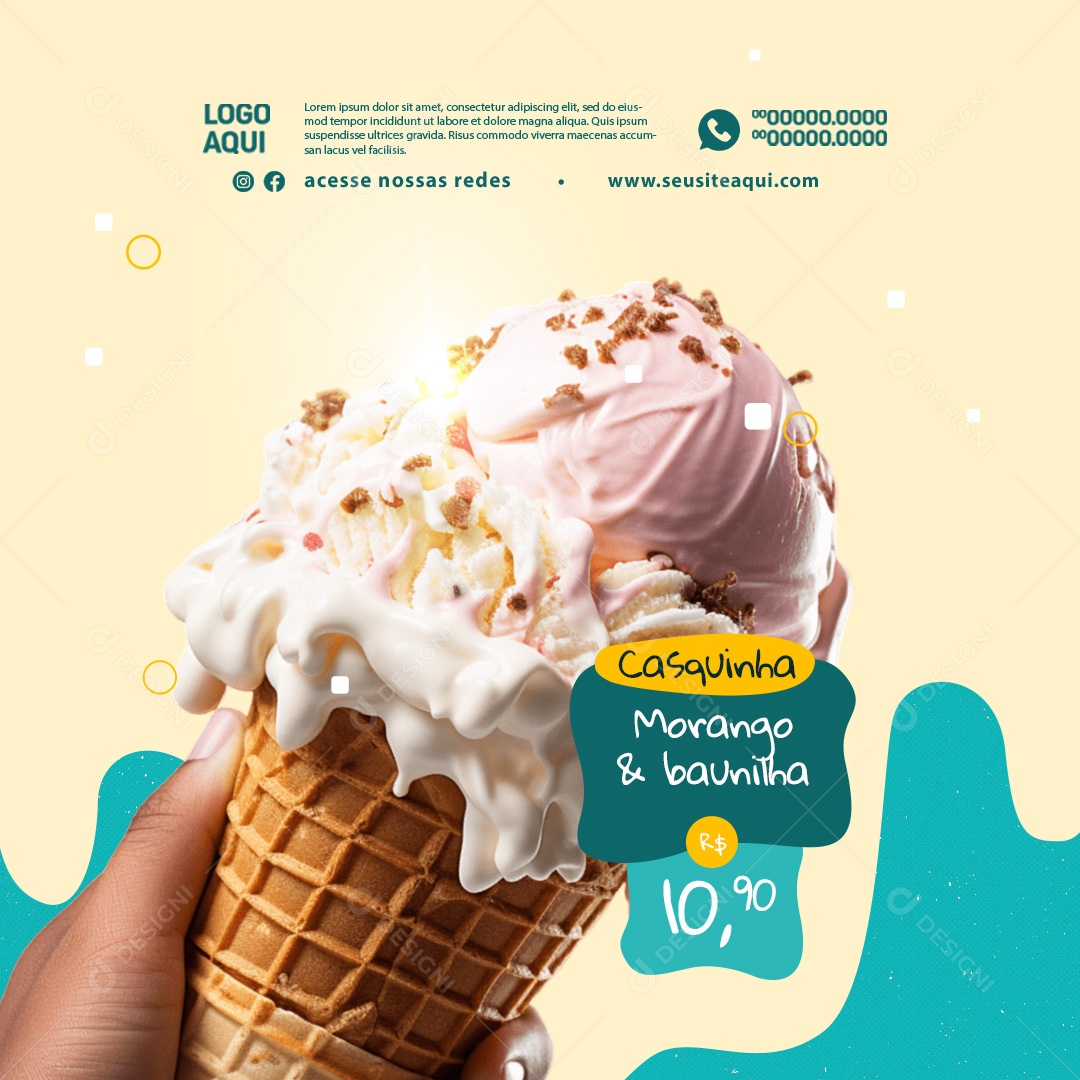 Sorveteria Casquinha Morango & Baunilha Social Media PSD Editável