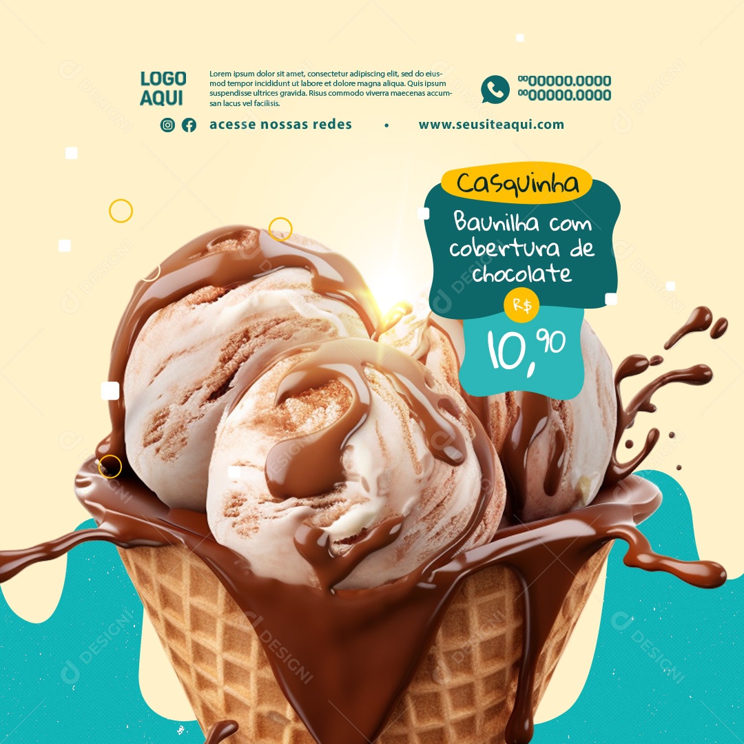 Sorveteria Baunilha com Cobertura de Chocolate Social Media PSD Editável