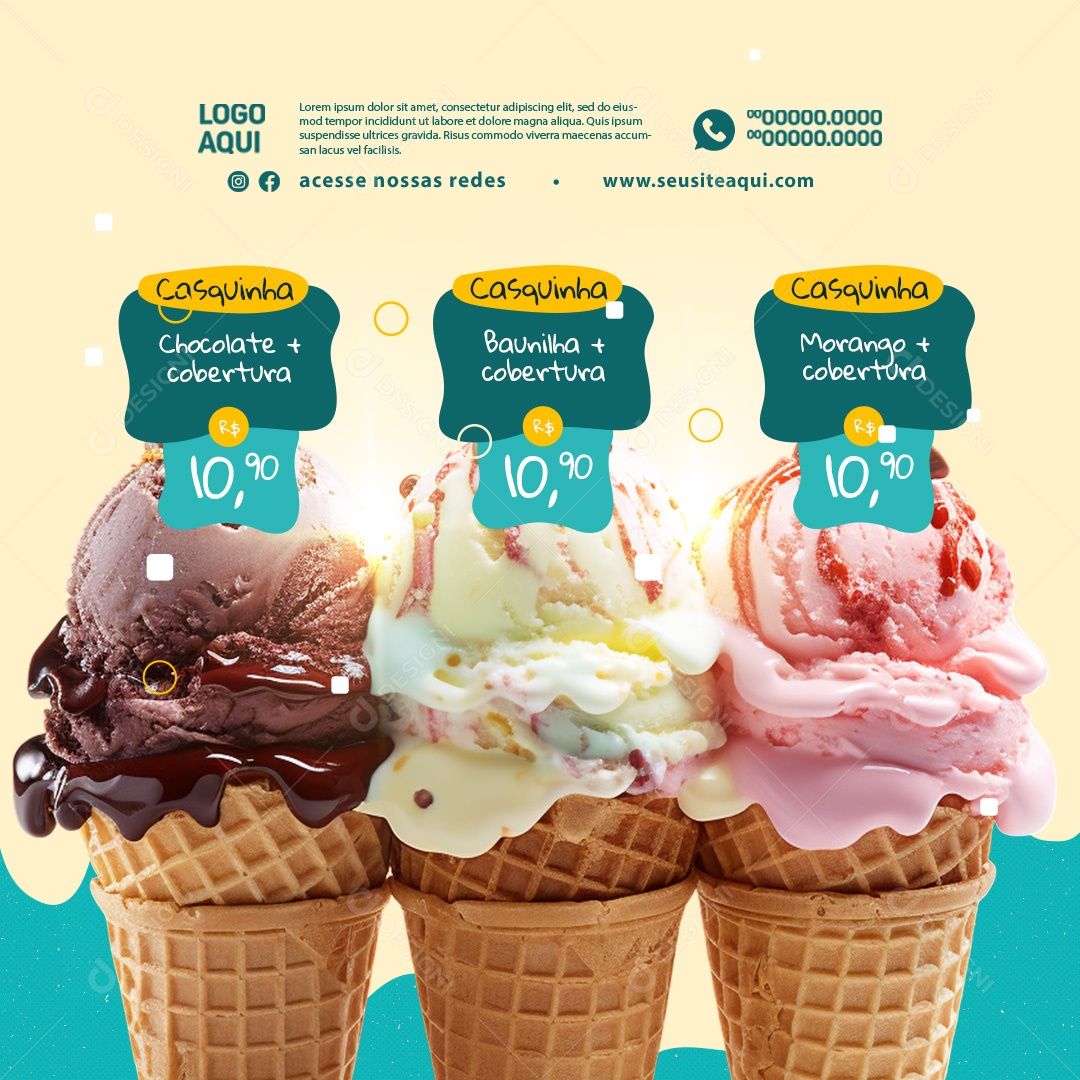 Sorveteria Casquinha + Cobertura 10,90 Social Media PSD Editável