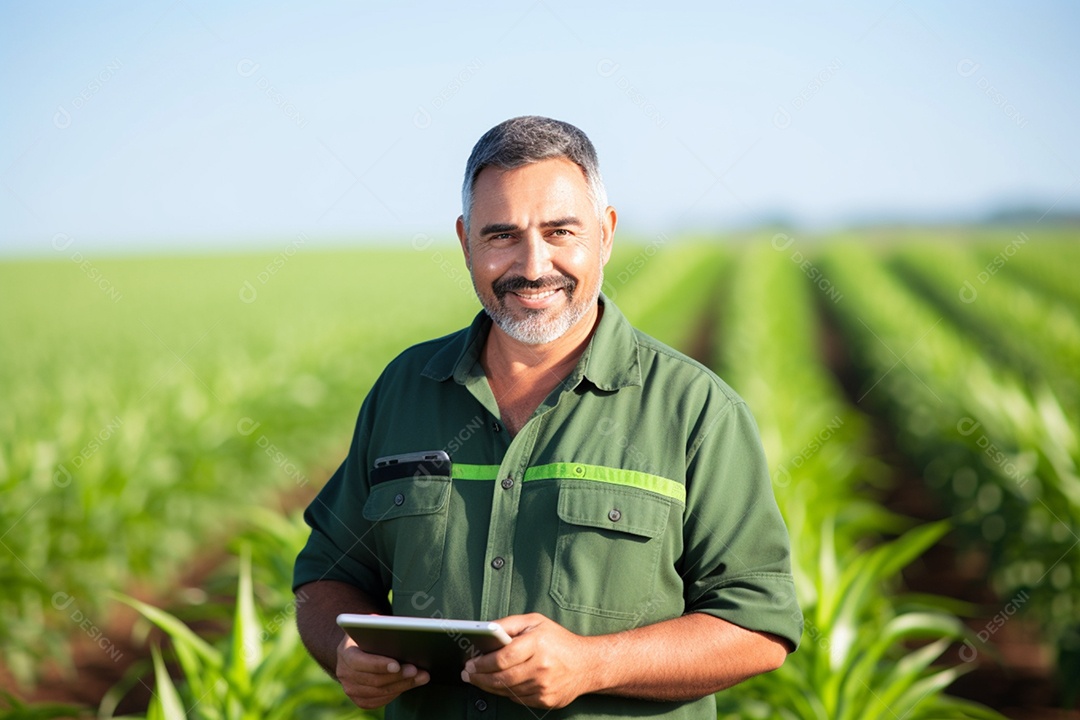 Imagem realista homem agropecuarista sobre uma lavoura