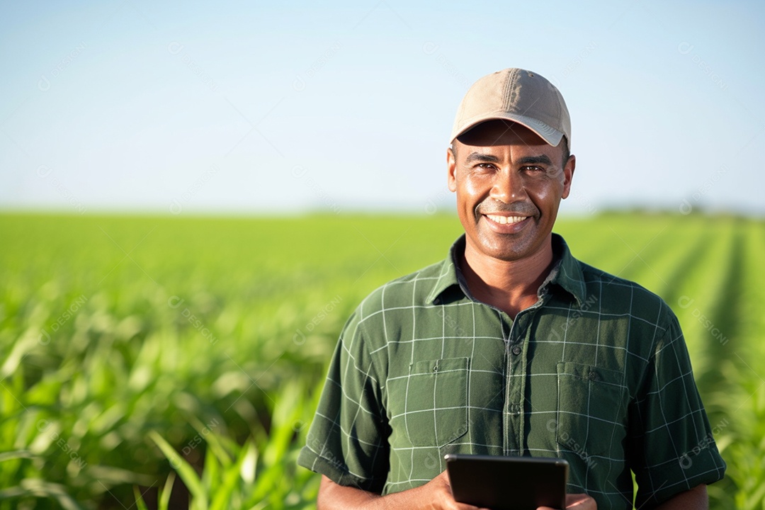 Imagem realista homem agropecuarista sobre uma lavoura