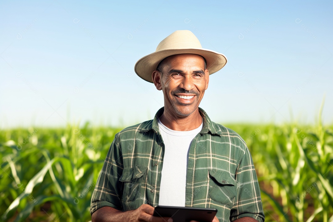 Imagem realista homem agropecuarista sobre uma lavoura
