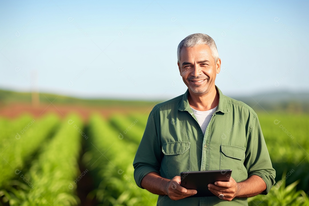 Imagem realista homem agropecuarista sobre uma lavoura