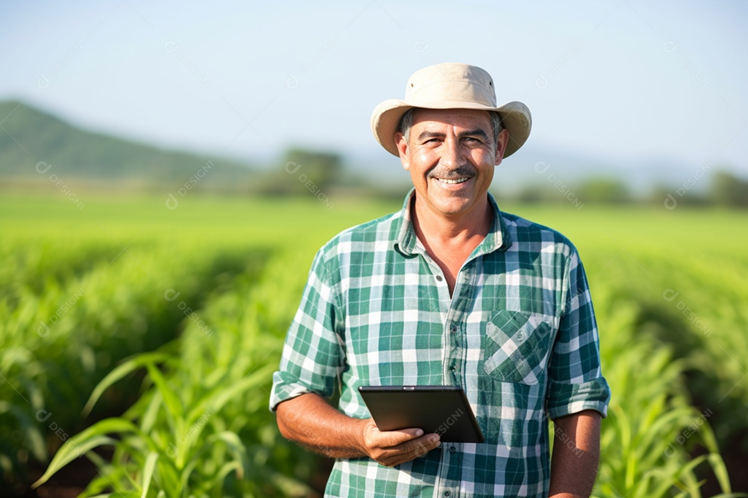 Imagem realista homem agropecuarista sobre uma lavoura