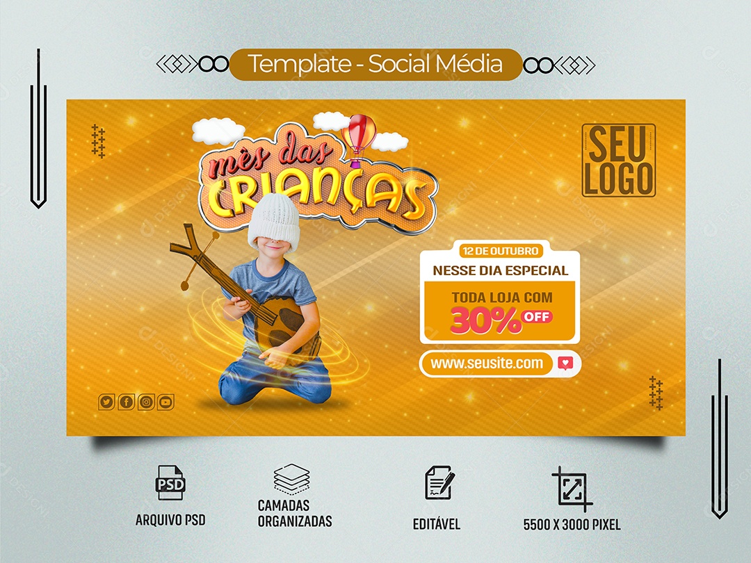 Banner Mês Das Crianças Loja Com 30% Descontos Social Media PSD Editável