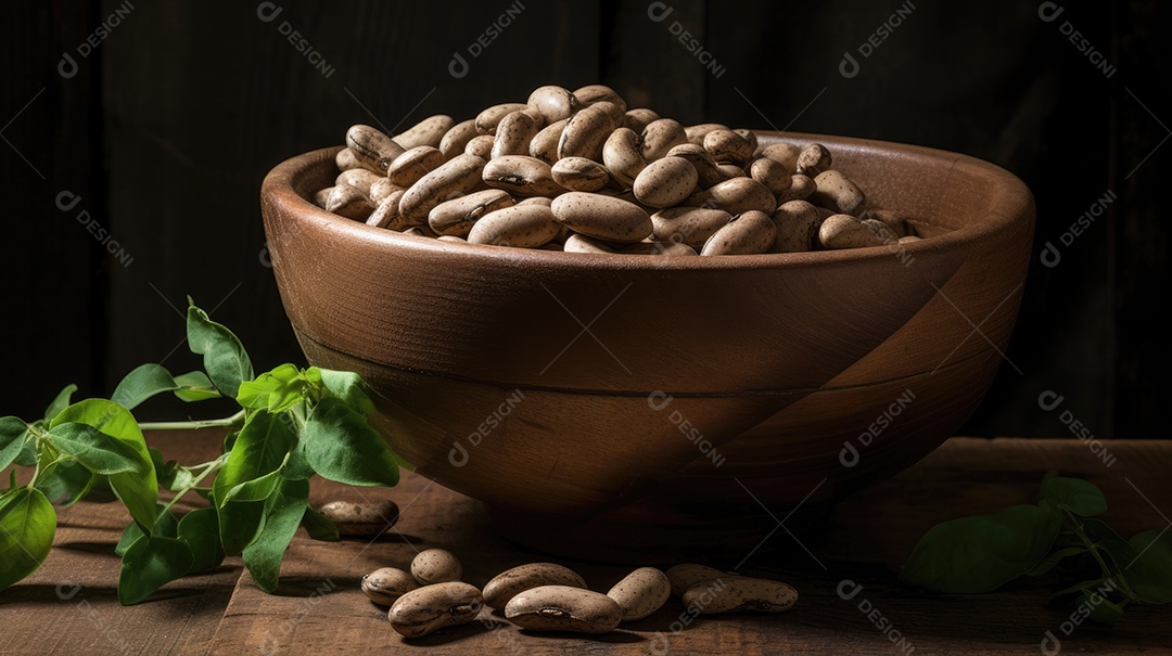 Grãos sobre uma tigela em uma mesa de madeira