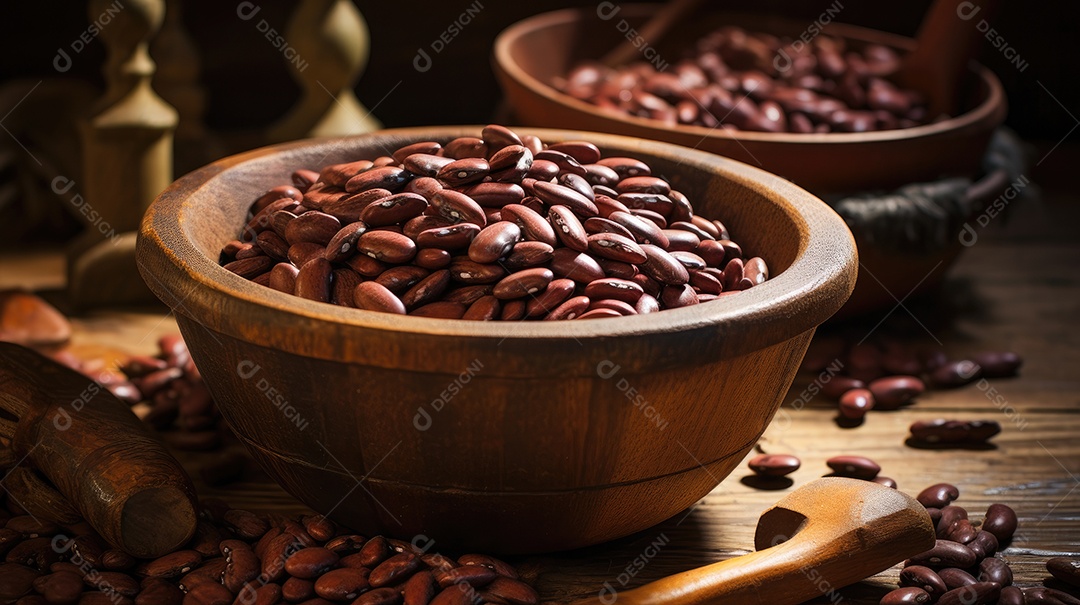 Grãos sobre uma tigela em uma mesa de madeira