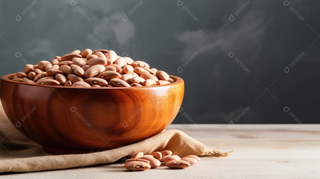 Grãos sobre uma tigela em uma mesa de madeira