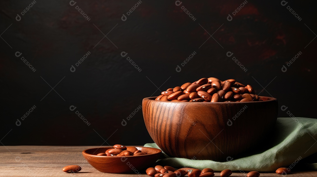 Grãos sobre uma tigela em uma mesa de madeira