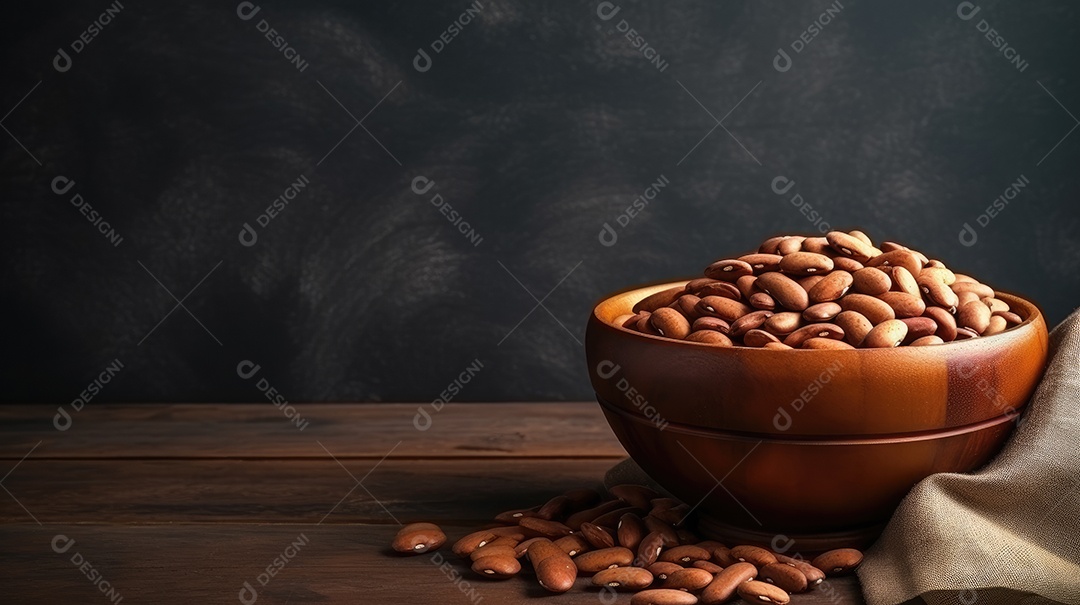 Grãos sobre uma tigela em uma mesa de madeira