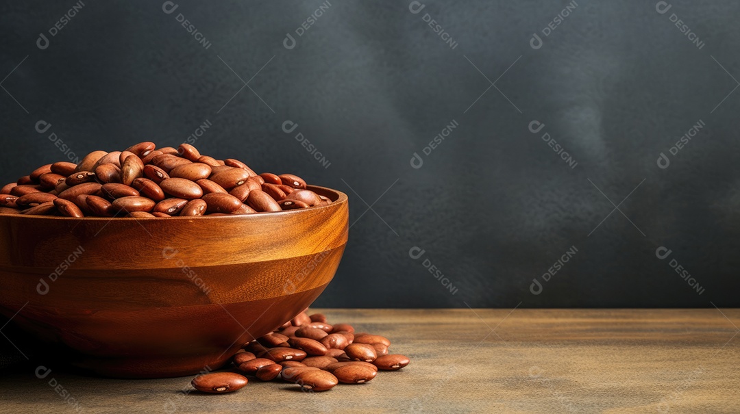 Grãos sobre uma tigela em uma mesa de madeira